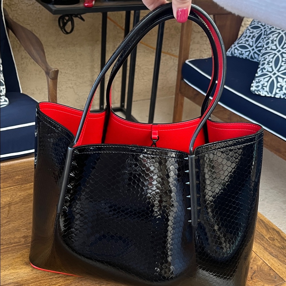 Christian Louboutin Caba Rock Patent Birdy Black and Red Textured Tote